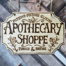 Load image into Gallery viewer, Apothecary Shoppe Wooden Sign | Woodburning Home Decor | Pyrography Witch Sign | Witch Gift
