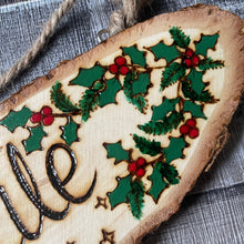 Load image into Gallery viewer, Yule Hanging Wooden Oval Sign |Pyrography Altar Decor | Woodburning Home Decor | Pagan Sabbats