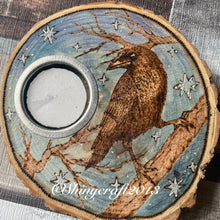 Load image into Gallery viewer, Wooden Tealight holder with Crow Design | Woodburning Candle Holder | Pyrography Art