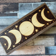 Load image into Gallery viewer, Wooden Box with Moon Phases Design | Pyrography  |Woodburning | Witch Gift | Tea Box