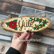 Load image into Gallery viewer, Yule Hanging Wooden Oval Sign |Pyrography Altar Decor | Woodburning Home Decor | Pagan Sabbats