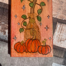 Load image into Gallery viewer, Broomstick and Pumpkins Pyrography Art | Witch Autumn Altar Decor |Woodburning Witch Gift
