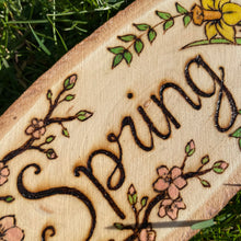Load image into Gallery viewer, Spring Wooden Oval Sign | Pyrography Art | Woodburning Home Decor | Seasonal Decoration