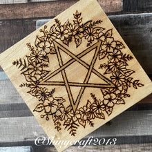 Load image into Gallery viewer, Wooden Box with Pentacle and Wreath Design | Pyrography Jewellery Box | Woodburning Trinket Box | Witch Gift