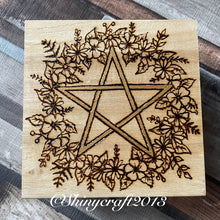 Load image into Gallery viewer, Wooden Box with Pentacle and Wreath Design | Pyrography Jewellery Box | Woodburning Trinket Box | Witch Gift