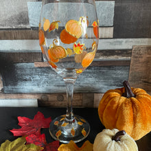 Load image into Gallery viewer, Autumn Handpainted Wine Glass | Pumpkins and Leaves Fall Design