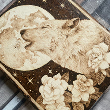 Load image into Gallery viewer, Howling Wolf and Moon Pyrography Art, Woodburning Art