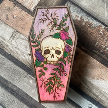 Load image into Gallery viewer, Skull Wooden Coffin Box, Woodburning Pyrography