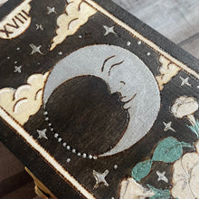 Load image into Gallery viewer, The Moon Tarot Box | Pyrography Jewellery Box | Woodburning Trinket Box | Witch Gift | Divination