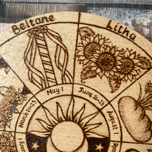 Load image into Gallery viewer, Wheel of the Year | Woodburning Art |Pyrography Altar Decor | Witch Home Decor | Witch Gift | Pagan Sabbats | NEW DESIGN