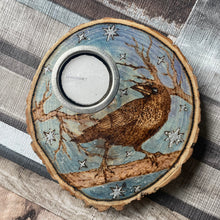 Load image into Gallery viewer, Wooden Tealight holder with Crow Design | Woodburning Candle Holder | Pyrography Art