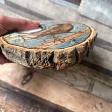 Load image into Gallery viewer, Wooden Tealight holder with Crow Design | Woodburning Candle Holder | Pyrography Art