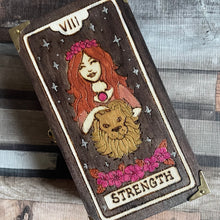 Load image into Gallery viewer, Wooden Box with Strength Tarot Card Design featuring a Lady and Lion Design - Pyrography- Woodburning