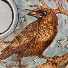 Load image into Gallery viewer, Wooden Tealight holder with Crow Design | Woodburning Candle Holder | Pyrography Art