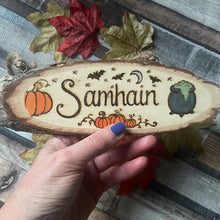 Load image into Gallery viewer, Samhain Altar Decor | Wooden Oval Sign | Woodburning Witch Sign | Pyrography Witch Art | Witch Gift | Halloween Decor