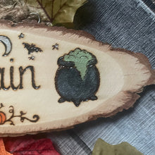 Load image into Gallery viewer, Samhain Altar Decor | Wooden Oval Sign | Woodburning Witch Sign | Pyrography Witch Art | Witch Gift | Halloween Decor