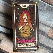 Load image into Gallery viewer, Strength Tarot Card Art Wooden Box | Pyrography Jewellery Box  | Woodburning Trinket Box | Witch Gift | Divination
