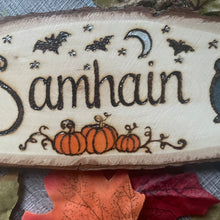 Load image into Gallery viewer, Samhain Altar Decor | Wooden Oval Sign | Woodburning Witch Sign | Pyrography Witch Art | Witch Gift | Halloween Decor