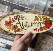 Load image into Gallery viewer, Autumn Wooden Oval Sign  | Pyrography Wooden Hanging Sign  | Woodburning Home Decor | Seasonal Decoration