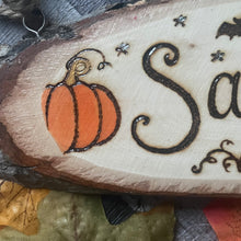 Load image into Gallery viewer, Samhain Altar Decor | Wooden Oval Sign | Woodburning Witch Sign | Pyrography Witch Art | Witch Gift | Halloween Decor