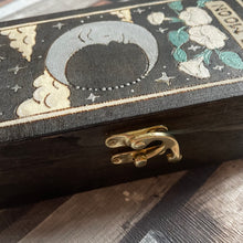 Load image into Gallery viewer, The Moon Tarot Box | Pyrography Jewellery Box | Woodburning Trinket Box | Witch Gift | Divination
