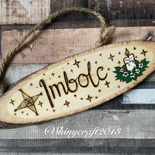 Load image into Gallery viewer, Imbolc Wooden Hanging Sign | Woodburning Altar Decor | Pyrography Witch Decoration | Pagan Sabbats