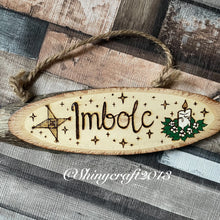 Load image into Gallery viewer, Imbolc Wooden Hanging Sign | Woodburning Altar Decor | Pyrography Witch Decoration | Pagan Sabbats