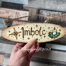 Load image into Gallery viewer, Imbolc Wooden Hanging Sign | Woodburning Altar Decor | Pyrography Witch Decoration | Pagan Sabbats