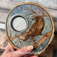 Load image into Gallery viewer, Wooden Tealight holder with Crow Design | Woodburning Candle Holder | Pyrography Art