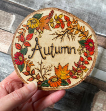 Load image into Gallery viewer, Autumn Round Wooden Sign | Pyrography Home Decor | Woodburning Wooden Sign | Seasonal Decor