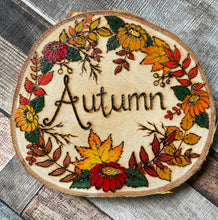Load image into Gallery viewer, Autumn Round Wooden Sign | Pyrography Home Decor | Woodburning Wooden Sign | Seasonal Decor