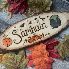 Load image into Gallery viewer, Samhain Altar Decor | Wooden Oval Sign | Woodburning Witch Sign | Pyrography Witch Art | Witch Gift | Halloween Decor