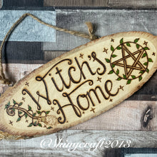 Load image into Gallery viewer, Witch’s Home Wooden Sign | Woodburning Home Decor | Pyrography Altar Decor | Witch Gift