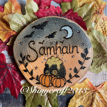Load image into Gallery viewer, Samhain Altar Decoration | Woodburning Pagan Sabbats Decor |Pyrography Wood Slice | Witch Gift