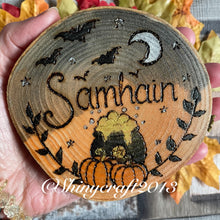 Load image into Gallery viewer, Samhain Altar Decoration | Woodburning Pagan Sabbats Decor |Pyrography Wood Slice | Witch Gift