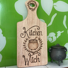 Load image into Gallery viewer, Wooden Chopping Board with the words kitchen witch and a cauldron design - Pyrography - Woodburning