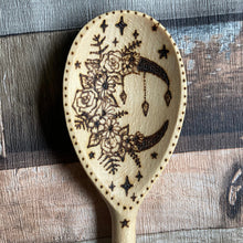 Load image into Gallery viewer, Crescent Flower Moon Wooden Spoon | Pyrography Kitchen Decor | Woodburning Utensils | Kitchen Witch Gift