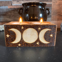 Load image into Gallery viewer, Moon Phases Double Tealight Holder | Pyrography Altar Decor |Woodburning Home Decor | Witch Gift