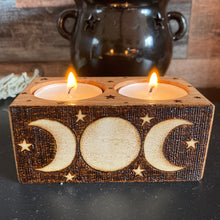 Load image into Gallery viewer, Moon Phases Double Tealight Holder | Pyrography Altar Decor |Woodburning Home Decor | Witch Gift