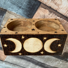 Load image into Gallery viewer, Moon Phases Double Tealight Holder | Pyrography Altar Decor |Woodburning Home Decor | Witch Gift