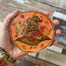 Load image into Gallery viewer, Autumn Witch Hat Wood Slice | Woodburning Altar Decor | Pyrography Home Decor | Witch Gift | Witches