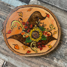 Load image into Gallery viewer, Autumn Witch Hat Wood Slice | Woodburning Altar Decor | Pyrography Home Decor | Witch Gift | Witches