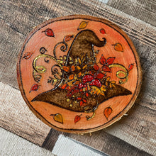 Load image into Gallery viewer, Autumn Witch Hat Wood Slice | Woodburning Altar Decor | Pyrography Home Decor | Witch Gift | Witches