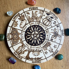 Load image into Gallery viewer, Wheel of the Year | Witch Altar Decor | Pagan Sabbats | Pyrography Altar Art | Woodburning Home Decor | Witch Gift