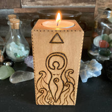 Load image into Gallery viewer, Elemental Goddess Wooden Tealight Holder | Pyrography Altar Decor | Woodburning Home Decor | Witch Gift | Wiccan Altar Decoration
