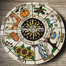 Load image into Gallery viewer, Wheel of the Year | Witch Altar Decor | Pagan Sabbats | Pyrography Altar Art | Woodburning Home Decor | Witch Gift