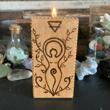 Load image into Gallery viewer, Elemental Goddess Wooden Tealight Holder | Pyrography Altar Decor | Woodburning Home Decor | Witch Gift | Wiccan Altar Decoration