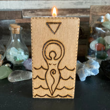 Load image into Gallery viewer, Elemental Goddess Wooden Tealight Holder | Pyrography Altar Decor | Woodburning Home Decor | Witch Gift | Wiccan Altar Decoration