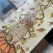 Load image into Gallery viewer, Broomstick, Witch Hat and Pumpkins Pyrography Art | Witch Autumn Altar Decor |Woodburning Witch Gift | Samhain