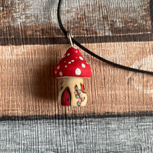 Load image into Gallery viewer, Mushroom Fairy House Necklace | Wooden Handpainted Mushroom Shape in Various Colours